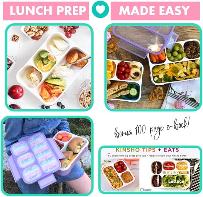 Unicorn Bento Box Lunch Box for Girls, Kids | Snack Containers with 4 Compartment Dividers, Boxes for Toddlers Pre-School Daycare Lunches BPA Free, Food & Microwave Safe | Purple Rainbow Unicornio