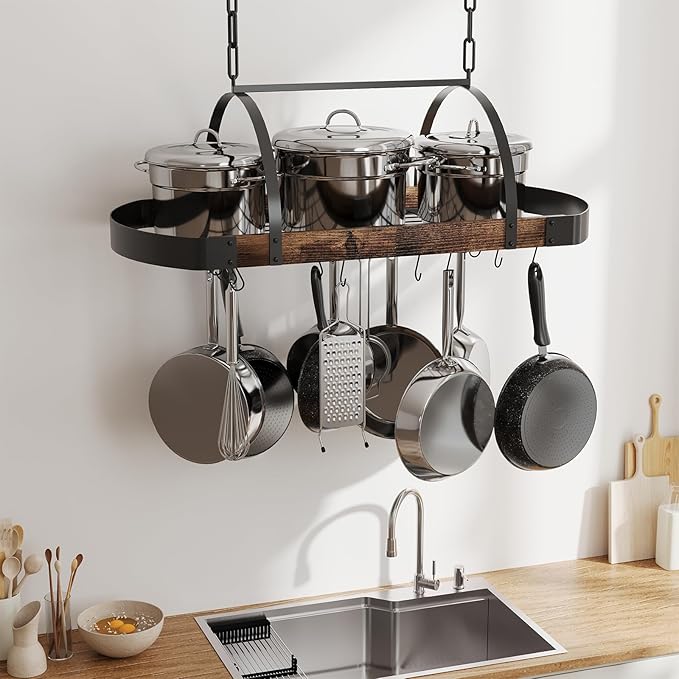 Hanging Pot Rack,32-Inch Ceiling Pot Rack for Kitchen,Space-Saving Pot Hanger with 16 Detachable S Hooks,Sturdy Metal Frame,Industrial Style,for Pot, Pan Storage,Space-Saving