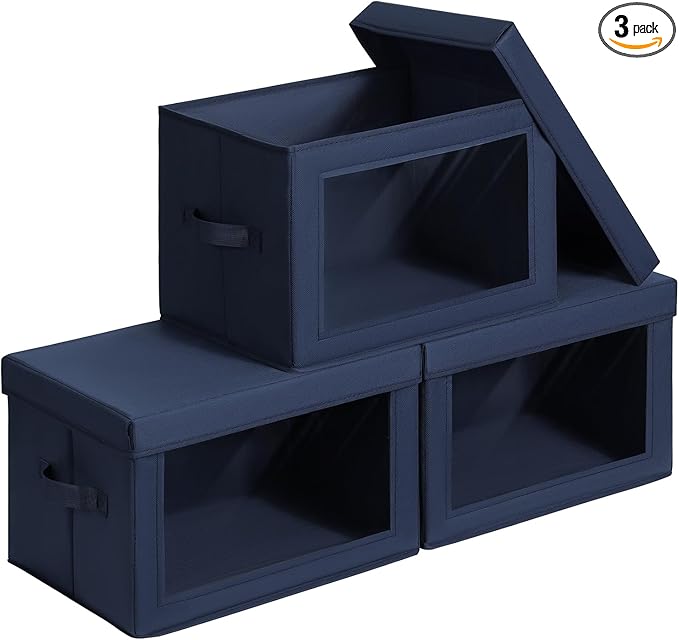 Homsorout Foldable Storage Boxes with Clear Window - Clothes Organizers and Storage, Decorative Bins with Lid, Fabric Storage Cube, Storage Baskets for shelves, Yarn, Home, Navy blue, 3 Pack