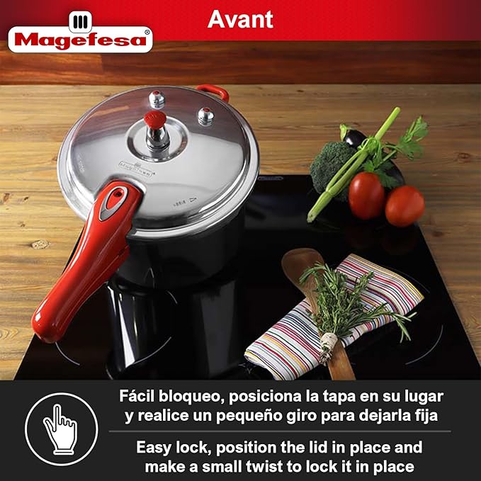MAGEFESA Avant 6.2-Quart Aluminum Pressure Cooker, Compatible with Gas, Electric & Ceramic Stoves, Stovetop Pressure Canner with Trivet, Red Handle