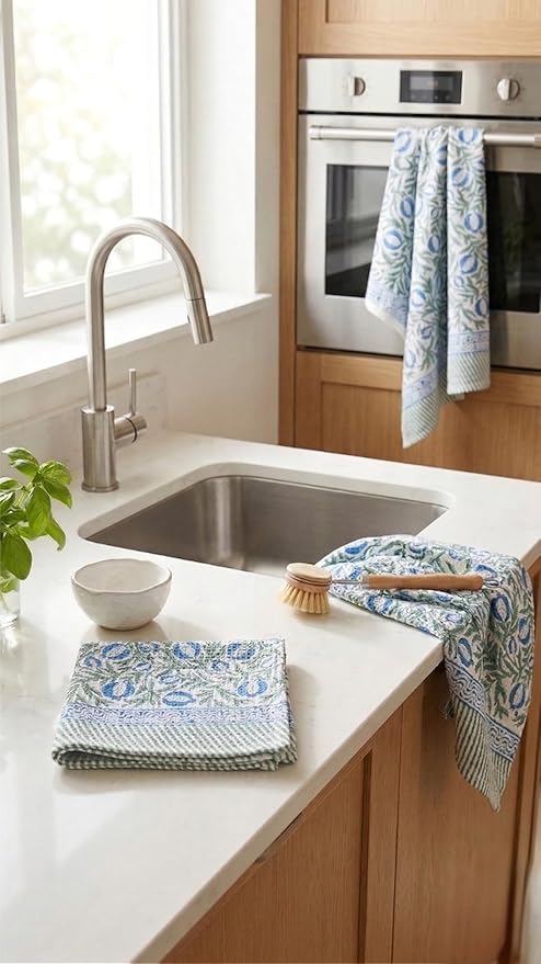 ATOSII 100% Cotton Hand Block Print Waffle Kitchen Towel, Set of 3, 18 x 26 Inches Ultra Absorbent Quick Dry Dish Towels, Lightweight Reusable Sustainable Tea Towels for Cleaning and Drying, Anar Blue