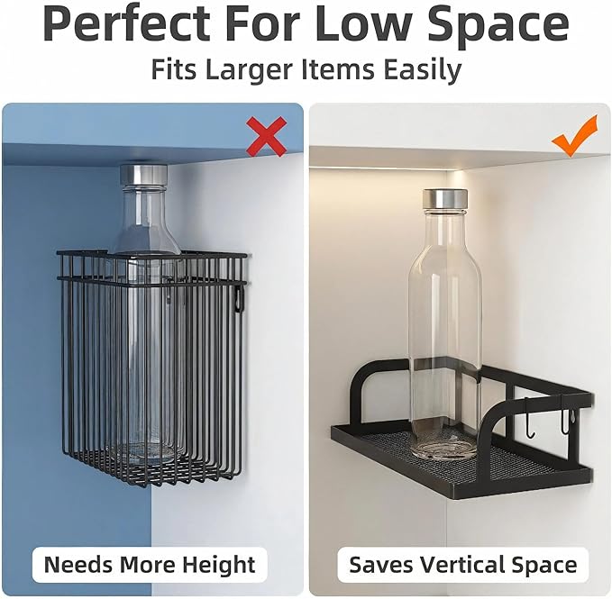 PUSDON 2-Pack Wide Hollowout Shower Caddy & Spice Rack, Wall Mount Bathroom Organizer with Mesh Bottom, Easy Access Cabinet Door Shelf Holds 50LBS - Matte Black, Hollowout