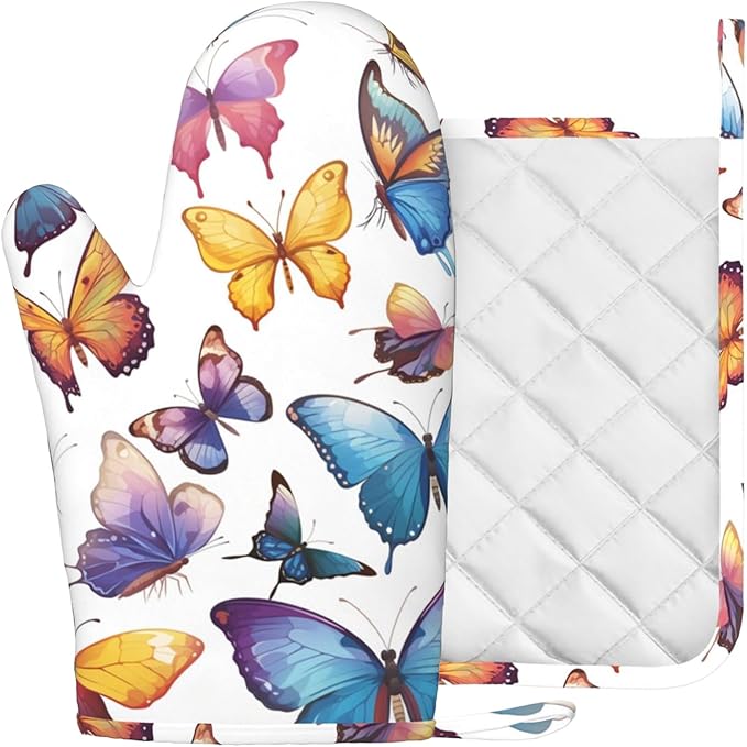 Colorful Butterflies Heat-Resistant Oven Mitts and Pot Holder Kitchen Non-Slip Silicone Cooking Microwave Gloves for Cooking Baking Grilling BBQ
