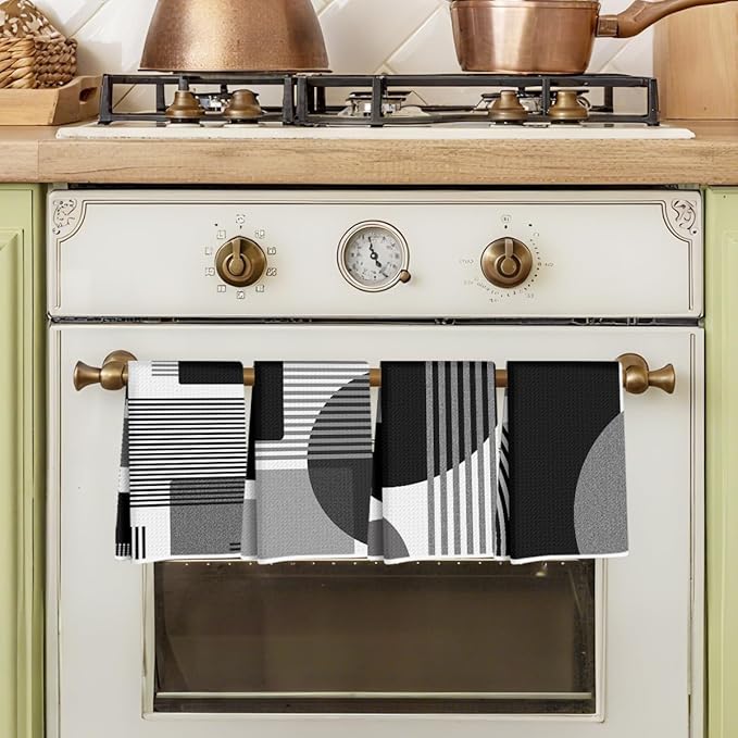 4 Pcs Abstract Black and White Kitchen Towels, Abstract Decor Tea Hand Towel, Microfiber Dish Cloths for Drying Dishes, Waffle Dish Towels for Kitchen Bathroom, Housewarming Gifts for Women