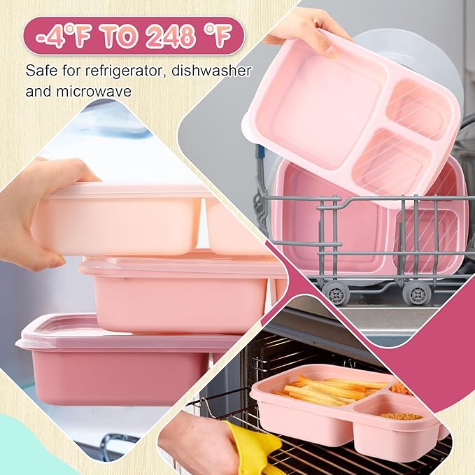 Honeydak 5 Pack Snack Containers 3 Compartment Bento Snack Boxes Divided Meal Prep Containers with Lids Reusable Adults Lunch Food Storage Box for School Work Travel(Rose Purple)