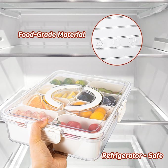 Dingerjar Divided Serving Tray with Lid and Handle - Divided Snack Tray for Portable Snack Platters - Clear Organizer for Candy, Fruits, Nuts, Snacks - Perfect for Party, Entertaining，2 pcs