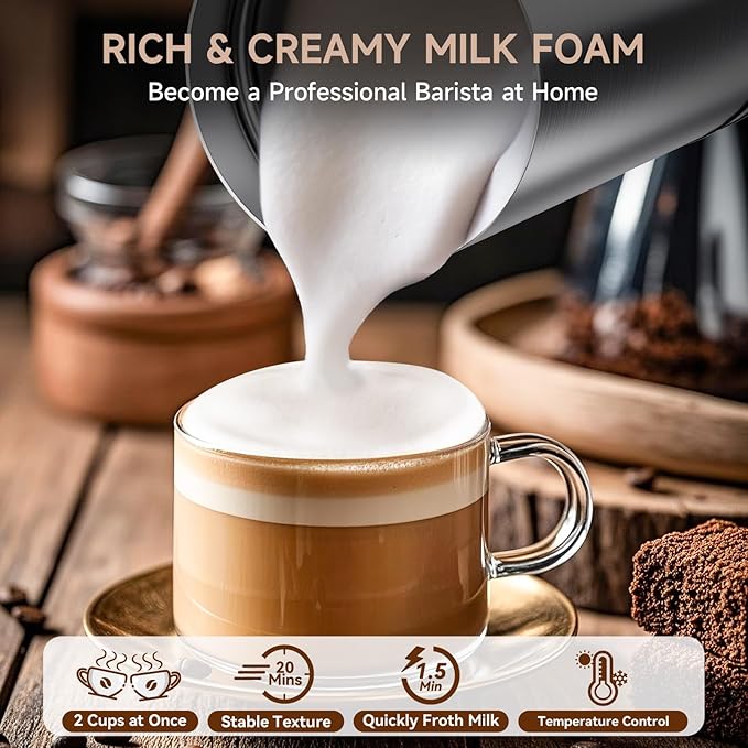 Novalife Milk Frother, 4 in 1 Milk Frother and Steamer with Two Whisks, Frothing Whisk and Heating Whisk, Automatic Warm and Cold Foam Maker for Coffee Latte Cappuccino Macchiato Hot Chocolate Matcha
