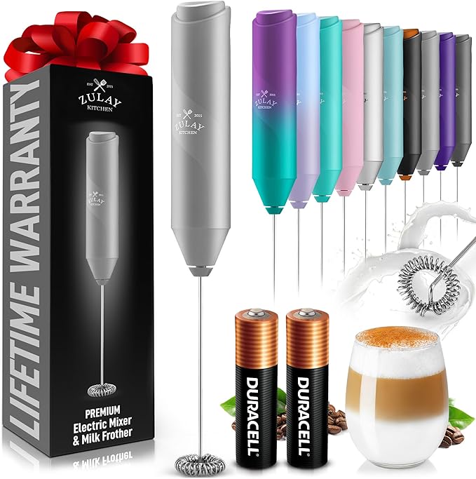 Zulay Kitchen Powerful Milk Frother AA Batteries Included – Ultra Fast Handheld Drink Mixer with Stainless Steel Whisk Stirrer for Coffee, Protein, Matcha & More, Frother Wand Electric Frothmate Gray
