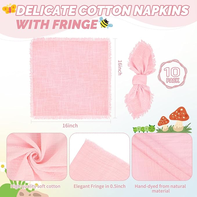 Showgeous 10 Pack Pink Cloth Napkins with Fringe 16x16 inch 100% Cotton Pink Napkins Handmade Dinner Napkins Bulk Washable Soft Rustic Table Napkins for Wedding Parties Bridal Baby Shower