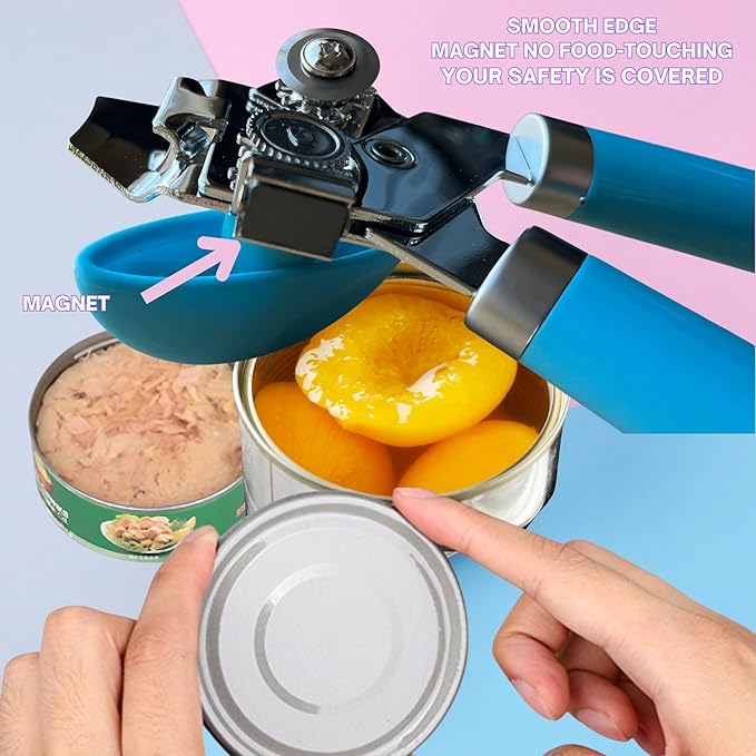 Manual Can Opener for Seniors – Easy-Turn Knob, Cleaner Edge Cutting, Magnetic Lid Lifter, Heavy-Duty Carbon Steel Blade, Ergonomic Comfort Grip – Blue