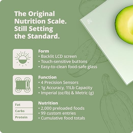Greater Goods Digital Nutrition Scale – Accurate Macro and Calorie Tracking for Meal Prep, Weight Loss, and Healthy Eating | 2,000 Built-in Foods, Intuitive Nutrition Label Display, 11lb Cap, Green