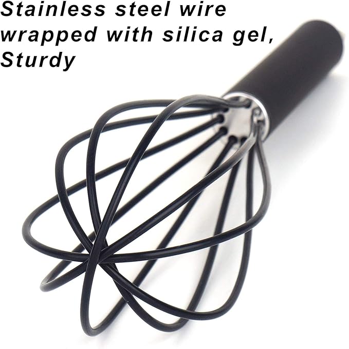 GorGin high temperature and easy to clean silicone whisk, stirrer, 10 inch, grip good grip design for Blending Whisking Beating Stirring Cooking Baking (1 Pack | black)