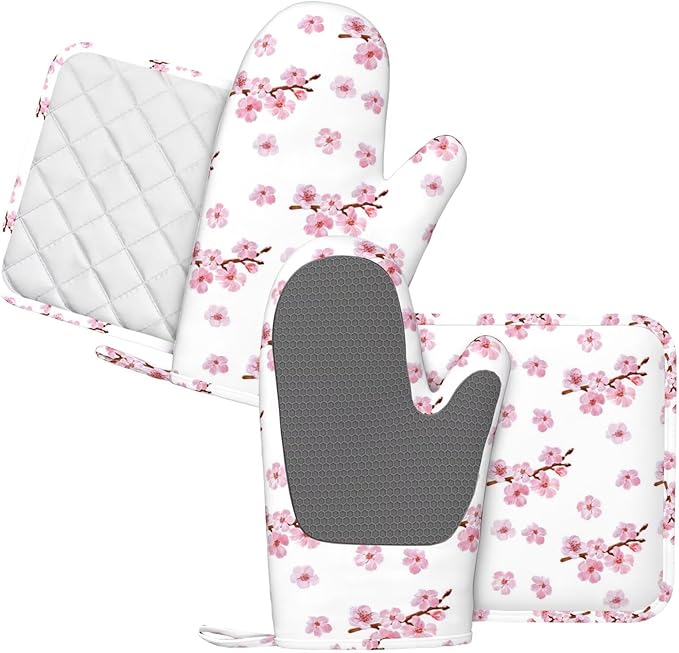 Pink Cherry Blossom Oven Mitts and Pot Holders 4 pcs Set Silicone Watercolor Flowers Blooming Branches Floral Kitchen Oven Mitt Gloves Pot Holders Non-Slip Heat Resistant Cooking Mitts Set