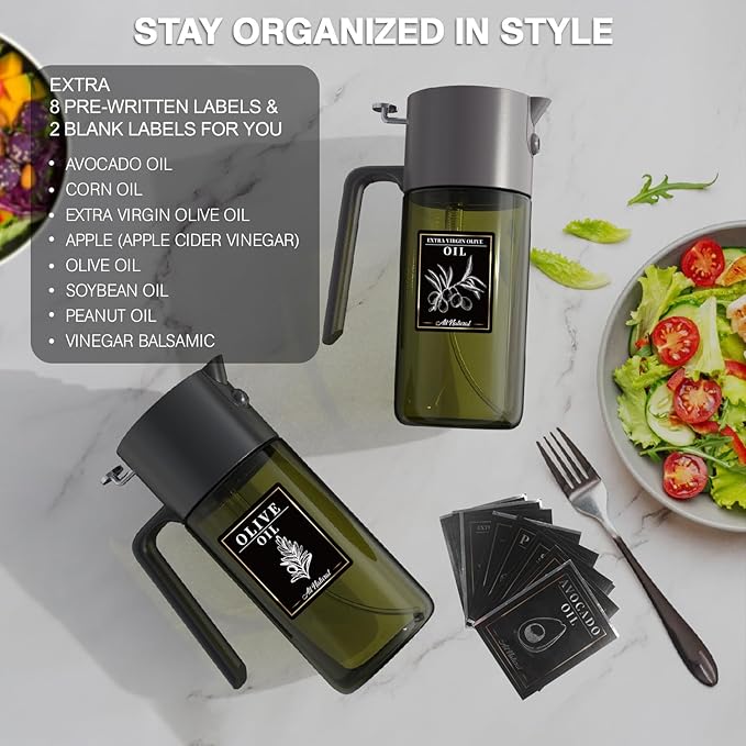 2-IN-1 500ml/17oz Light-Blocking Dark Oil Sprayer for Cooking with Sticker, Dark Green Glass Olive Oil Dispenser Bottle for Kitchen, Even Spray with Portion Control, Perfect for Air Fryer, BBQ - Black