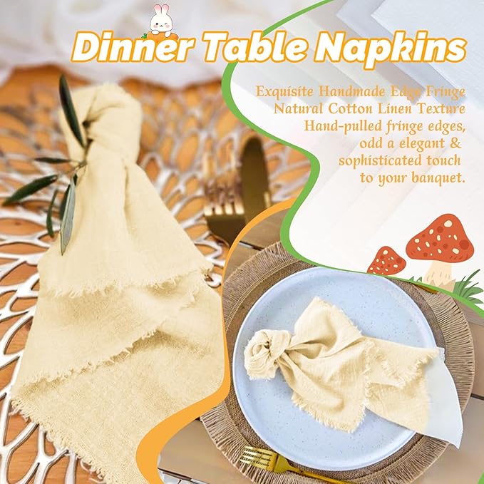 Showgeous 30 Pack Beige Cloth Napkins with Fringe 16x16 inch 100% Cotton Beige Napkins Handmade Dinner Napkins Bulk Washable Soft Rustic Table Napkins for Wedding Parties Bridal Baby Shower