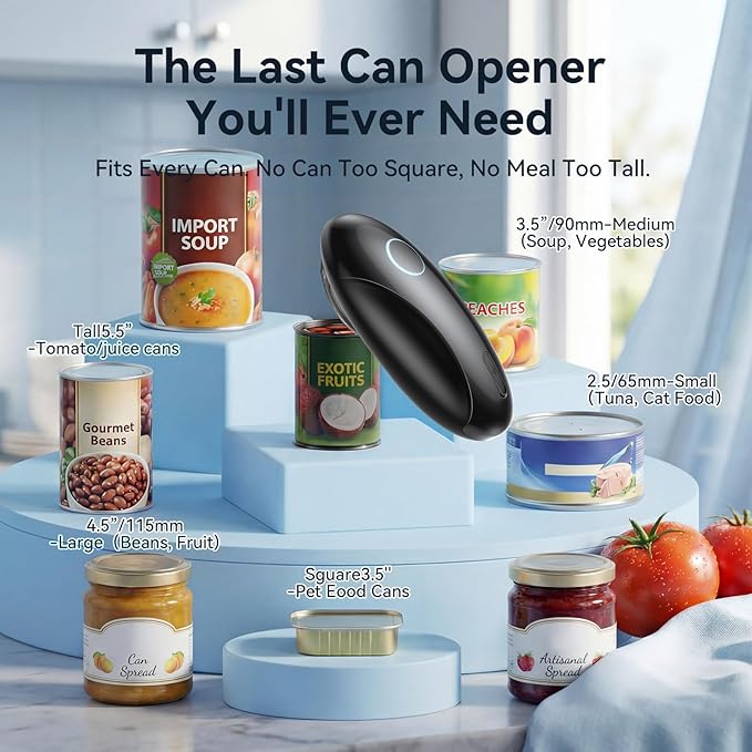 Rechargeable Electric Can Opener for Seniors & Arthritis, Automatic One-Touch Operation, Smooth Edge Cutting with Auto Stop & Magnetic Lid Lifter, Hands-Free, USB-C, Compact, Black