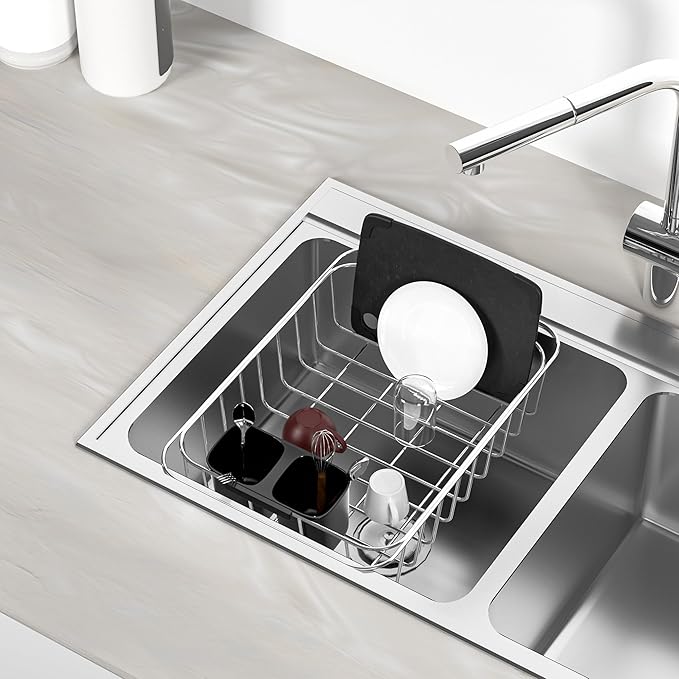 SANNO Dish Rack Utensil Holder, Hanging Cutlery Drainer Caddy with Hooks, 2 Compartment Flatware Organizer for Forks, Spoons, Knives, Fits Over Most Dish Drying Racks, Black