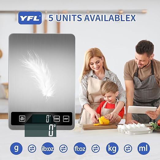 YFL Food Scale, 33lb Digital Kitchen Scale Weight Grams and Oz 1g/0.1oz Precise Graduation,Waterproof Surface Stainless Steel and Tempered Glass for Cooking Baking,(Ash Silver)