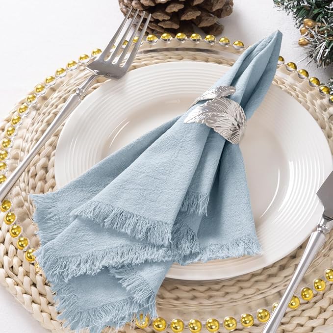 DeZerlor 12 Pack Gray- Blue Cotton Linen Napkins with Fringe Spring Cloth Napkins Set of 12 Boho Handmade Dinner Napkins Bulk for Wedding Bridal Baby Shower Parties, 17 x 17 Inches