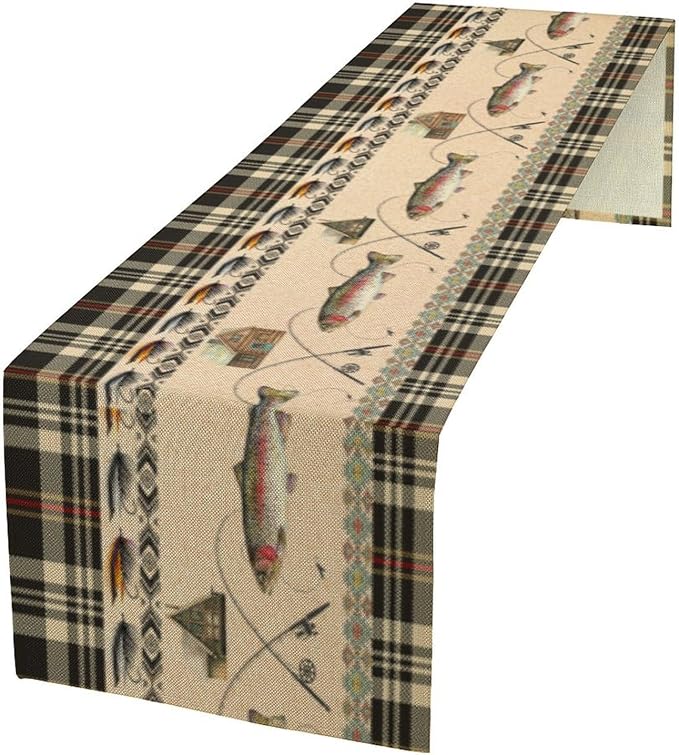 Fishing Table Runner Vintage Rustic Cabin Rods Lure Southwestern Check Art Printed Dinner Runner for Home Kitchen Dining Table Decor Fabric 1 Panel W13xL108in