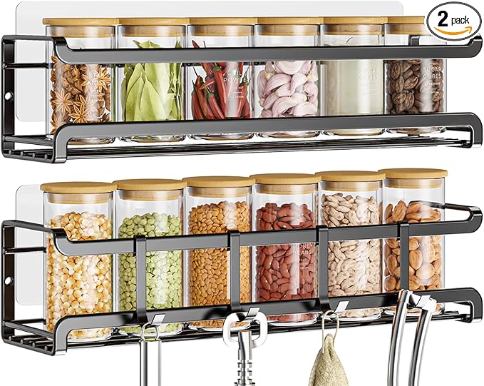 Bunoxea Spice Rack wall mounted 2 Pack, Space-Saving Spice Organizer for Spice Jars and Seasonings,Screw or Adhesive Hanging Spice Rack Organizer for Your Kitchen Cabinet,or Pantry Door