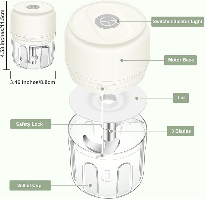 250ml (1 Cup) Electric Garlic Chopper, Portable Garlic Press, Wireless Mini Food Processor, Rechargeable Garlic Chopper Mincer for Ginger, Chili, Onion, Minced Meat and Spices (White)