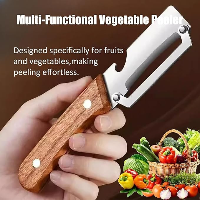 MultiFunctional Vegetable Peeler for Kitchen，Multifunctional Vegetable Peeler with Wooden Handle and Bottle Opener，2-in-1 Stainless Steel Kitchen Tool for Fruit Apple Potato Pumpkin Papaya (2)