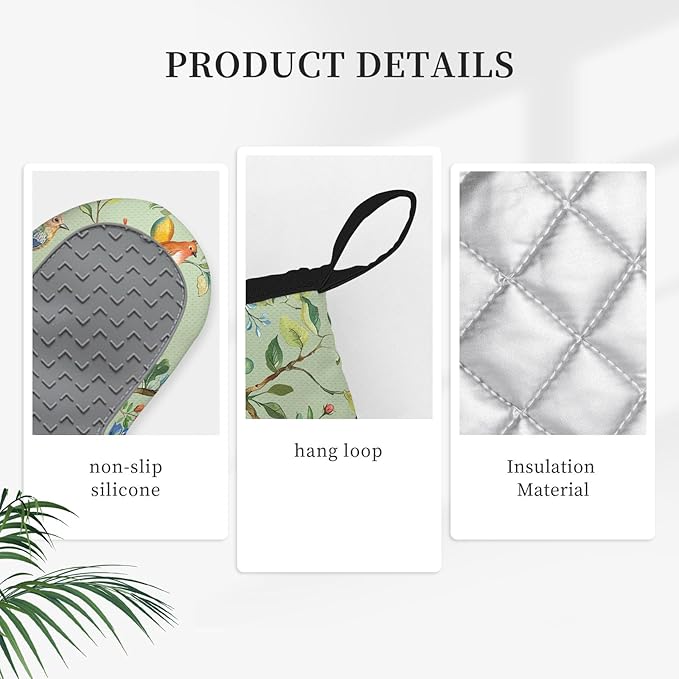 Bird Oven Mitts and Pot Holders Sets 3PCS, Floral Botanical Print Silicone Oven Mitts Birthday for Bird Lover Garden Kitchen, Song Birds Heat Resistant Non-Slip Oven Gloves for Mom Wife Sister BFF