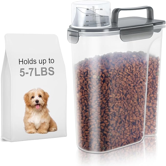 LEAWALK 5-7Lbs Dog Cat Food Storage Container with Upgraded Large Nozzle BPA-free, 4 Snap Seals Plastic Pet Food Storage Containers with Handles (Clear Black, 5L-1pack)
