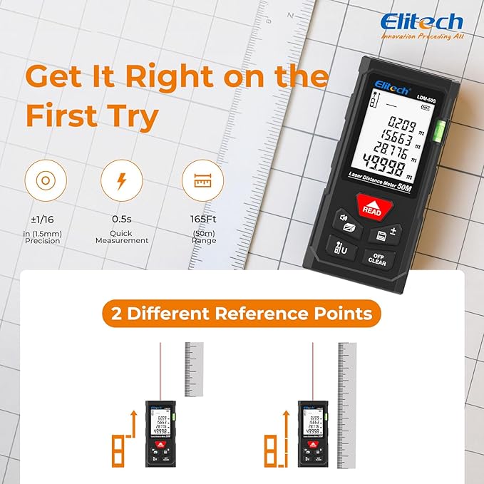 Elitech Laser Measure 165ft, Digital Laser Tape Measure for Home Decor & DIY, Handheld Distance Meter with Bubble Level, 99 Data Memory - Easier Than Metal Tape (Battery & Hand Strap Included)