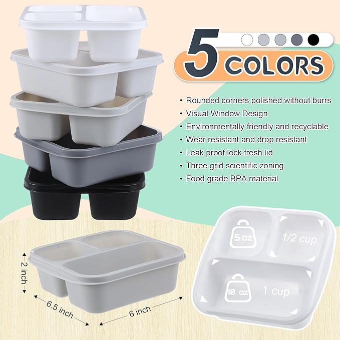 Honeydak 5 Pack Snack Containers 3 Compartment Bento Snack Boxes Divided Meal Prep Containers with Lids Reusable Adults Lunch Food Storage Box for School Work Travel(Black and White Ombre)