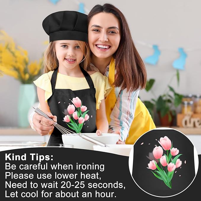 Kids Apron and Chef Hat Set Children Apron Adjustable with 2 Pockets Children Chef Painting for Cooking Baking