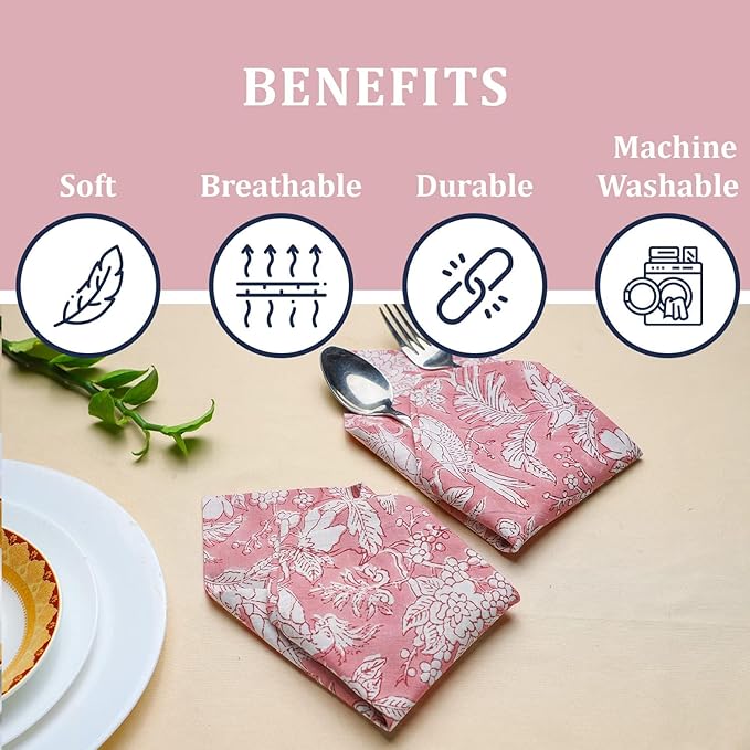 CPC Pink Coral Indian Block Print Cotton Cloth Napkins Set of 4, 18x18 Reusable Everyday Napkins, Soft, Absorbent, Floral Dinner Napkin, Holiday, Party Gift, Spring,Mother's Day