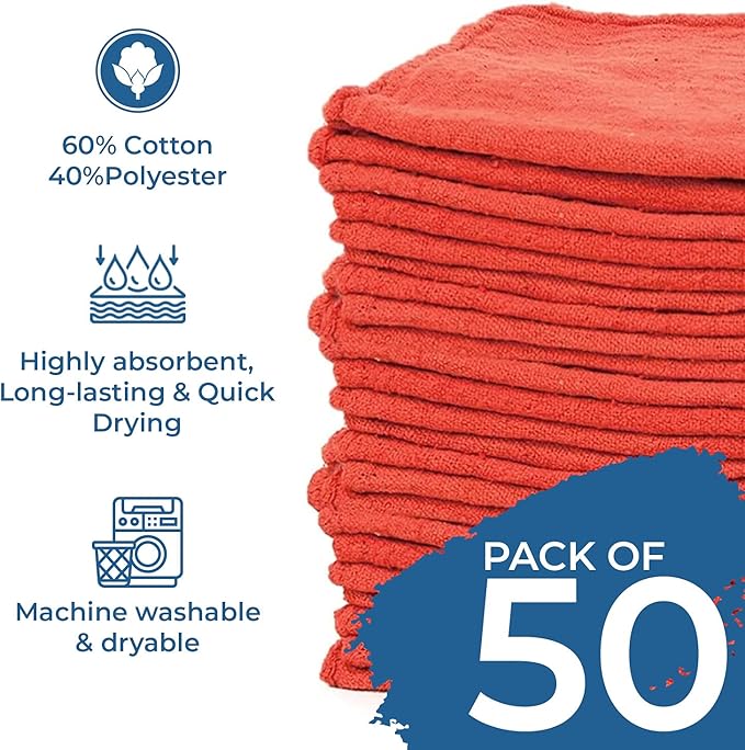 DAN RIVER Shop Towels, 50 Pack Commercial Use Red Terry Cloth Rags for Cleaning Cars & Household Surfaces – Well Absorbent, Reusable Cleaning Rags & Wash Clothes – Washable Towels