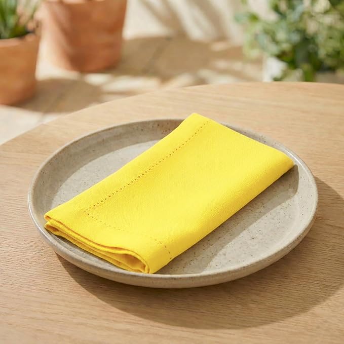 PurpleEssences Set of 12 Hemstitch Cloth Dinner Napkins 100% Cotton - Soft Durable Washable - Ideal for Wedding Spring Easter Summer - Perfect Everyday Use Table Linen 18x18 - Yellow