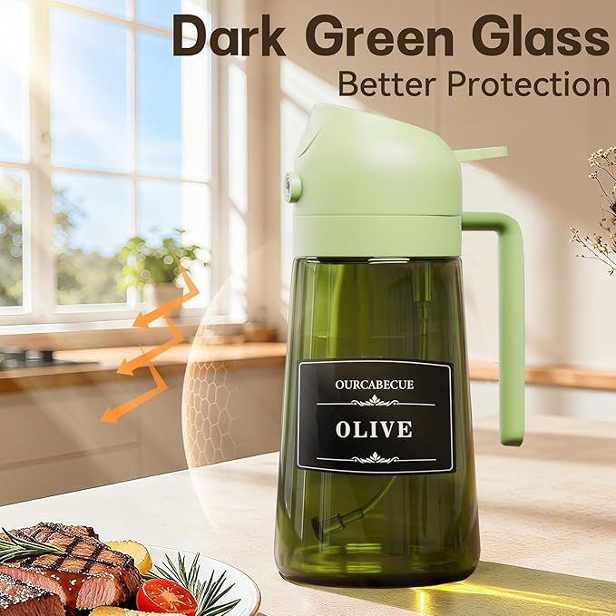 OURCABECUE 2 in 1 Olive Oil Sprayer for Cooking, 16oz/470ml Olive Oil Dispenser Bottle for Kitchen, Light-Blocking Dark Glass Oil Bottle, Food-Grade Oil Mister with 8 Oil Stickers (Green Bottle-Cap)