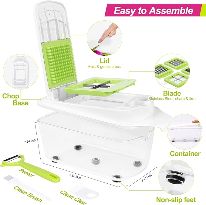 Food Dicer Chopper 5 Blades, Onion Dicer Chopper, Fruit and Veggie and Vegetables Chopper, Food Prep, Light Green