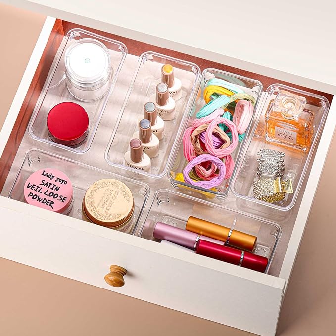 Ohlove 6Pcs Clear Plastic Drawer Organizers Tray 6" x 3" Storage Bins with 25Pcs Non-slip Pads for Makeup, Jewelries, Kitchen Utensils, Bathroom and Office