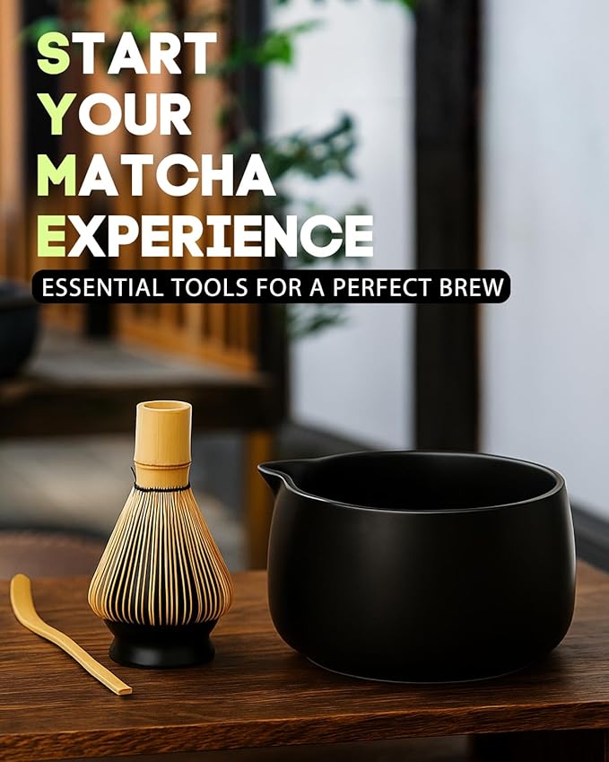 20OZ Matcha Whisk Set - 5PCS Matcha Set Includes Macha Bowl with Spout, Bamboo Whisk with Ceramic Holder, Bamboo Scoop and Sifter, Matcha Kit for Ceremony, Gift for Matcha Lovers (Matte Black)