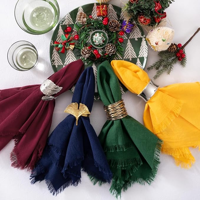 DeZerlor 12 Pack Chriatmas Color Cotton Linen Napkins with Fringe Christmas Winter Napkins Cloth Set of 12 Boho Handmade Dinner Napkins Bulk for Wedding Xmas Dining Table, 17 x 17 Inches