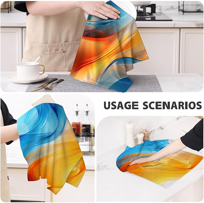 Orange Blue Kitchen Dish Towels Set of 4, Soft Absorbent Marble Decorative Tea Towels Hand Drying Baking Cooking Cloth for Kitchen Orange Blue Decor