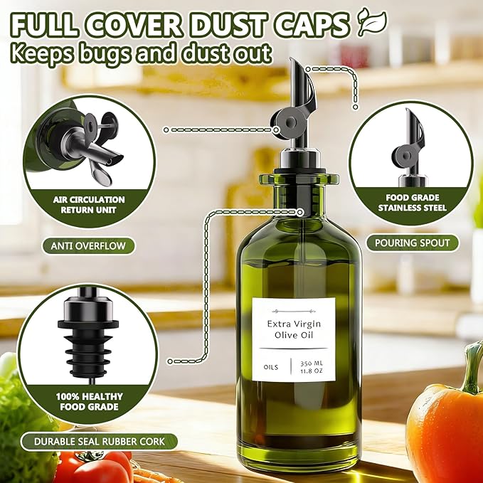 COOLMI Oil Dispenser for Kitchen - 12oz/350ml, Set of 2 Extra Thick Food Grade Glass Olive Oil Dispenser Bottle with Cleaning Brush, Stickers and Funnel (Black)