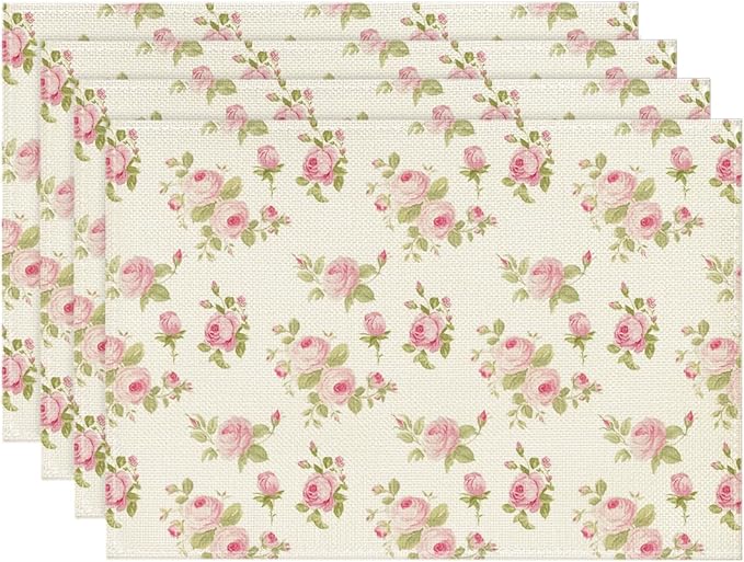 Artoid Mode Floral Rose Spring Placemats Set of 4, 12x18 Inch Seasonal Summer Holiday Pastoral Table Mats for Party Kitchen Dining Decoration