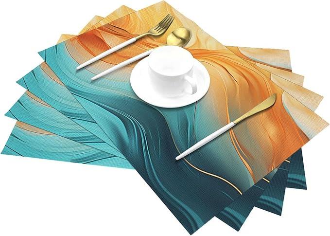 Orange Teal Marble Placemats Set of 4, Washable Non-Slip Heat-Resistant Kitchen Table Mats for Dining Outdoor Holiday Party Home Decor 12"x18", Linen Place Mats