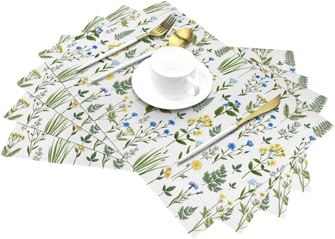 Wildflower Print Linen Placemats Set of 4, 12x18 InchWashable Table Mats for Dining Room Spring Gatherings