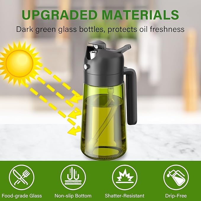 Vakoo 2 in 1 Oil Sprayer and Oil Dispenser for Kitchen - 16oz/470ml Light-Blocking Dark Glass Olive Oil Spray Bottle for Cooking, Air Fryer, Salad & BBQ (Black and White)