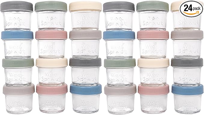 WeeSprout Baby Food Storage Glass Jars w/Lids (4 oz, 24 Pack) Matte Variety, Snack, Reusable Small Containers, Fridge or Freezer, Microwave & Dishwasher Safe, Essentials for Infants