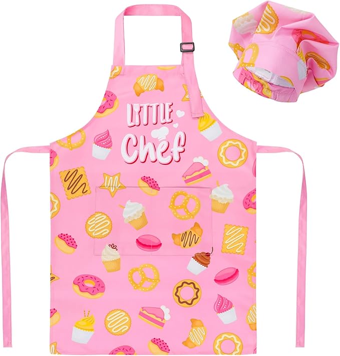 Kids Apron and Chef Hat Set, Funny Apron with 2 Pockets, Adjustable Kids Aprons for Cooking for Boys and Girls