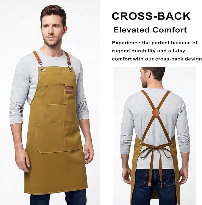 ZOMAO Chef Apron for Women Men with Large Pockets, Cotton Canvas Cross Back Waterproof Work Aprons for Kitchen Cooking Bib