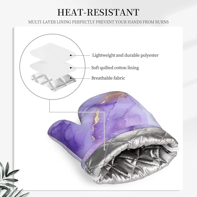 Oven Mitts and Pot Holders Pastel Purple Marble Silicone Kitchen Accessories Set of 2 Heat Resistant Long Gloves Potholder Non-Slip Grip for Chef Cooking Baking Grilling BBQ